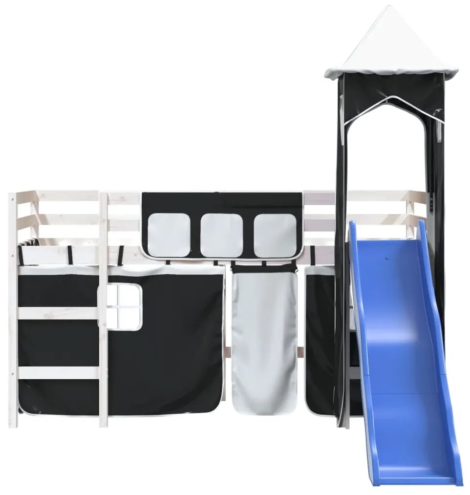 Letto a soppalco con torre bambini bianco e nero 90x190cm pino