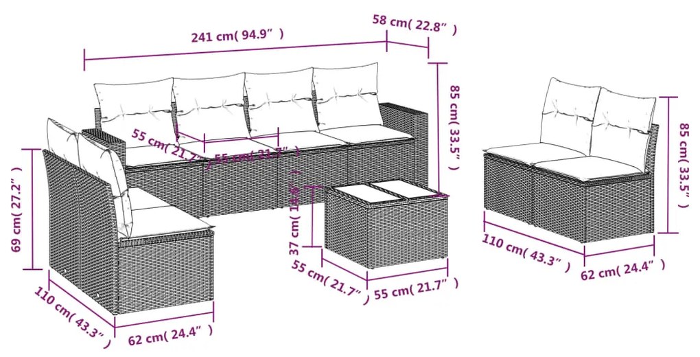 Set divano da giardino 9 pz con cuscini grigio in polyrattan