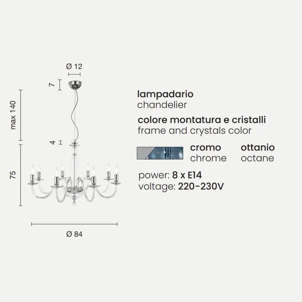 Lampada a sospensione D84 cm PAGANINI a 8 LUCI in vetro lavorato a mano OTTANIO