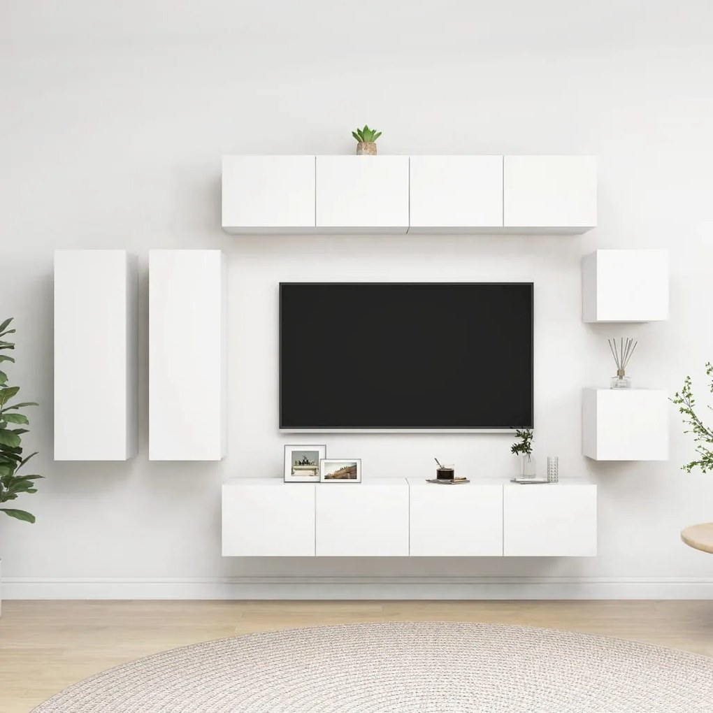 Set Mobili Porta Tv 8 Pz Bianco İn Legno Multistrato /