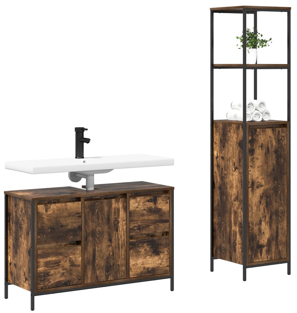 Set di mobili da bagno a 2 pezzi in rovere affumicato in legno ingegnerizzato