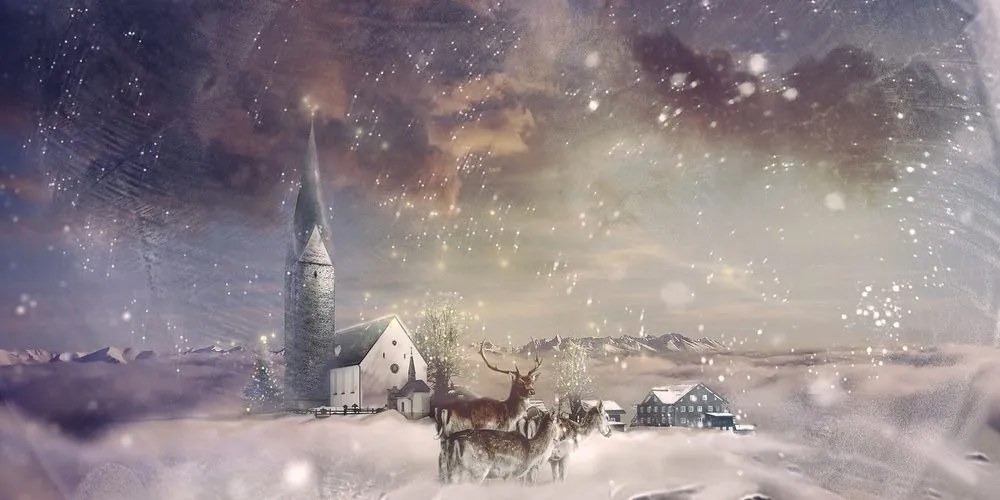 Quadro su tela – Cervo e caprioli nel villaggio innevato