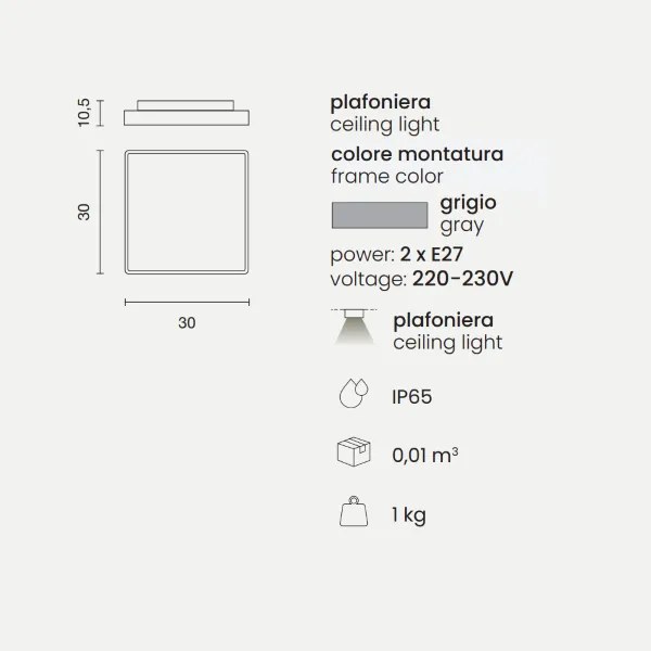 Plafoniera per esterni 30x30 cm in Abs Grigio PICCA