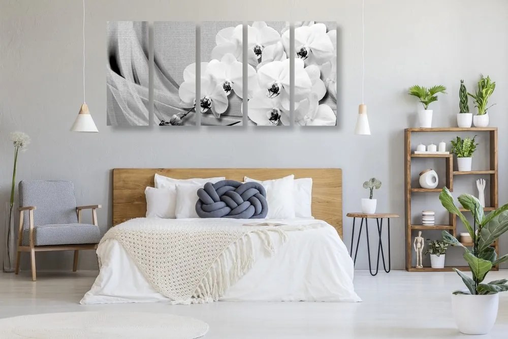 Quadri 5 pezzi – Orchidea su tela in bianco e nero