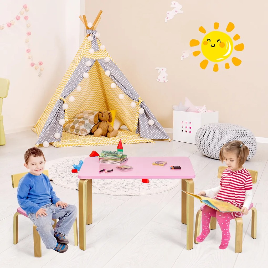 Costway Set tavolo e 2 sedie di legno per bambini per casa asilo e aule 78x53x53cm Rosa