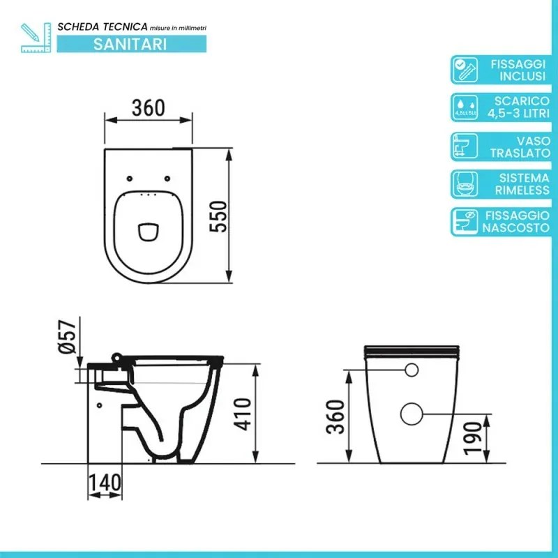 Vaso filomuro traslato nero opaco con sedile soft close di Ceramica Dolomite Mayka