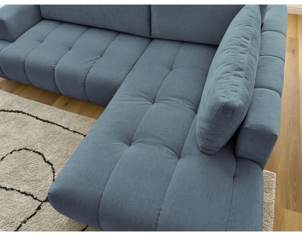 Divano angolare blu allungabile e con contenitore (penisola a destra/a L) con rivestimento in ciniglia Fuji – Bobochic Paris