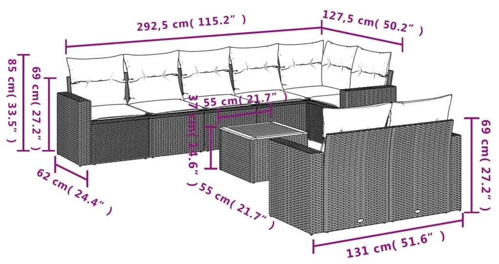 Set Divano da Giardino 9 pz con Cuscini Grigio in Polyrattan