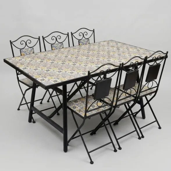 Tavolo Da Esterno 90x160 Cm Con Top In Maioliche E Struttura In Ferro Amalfi