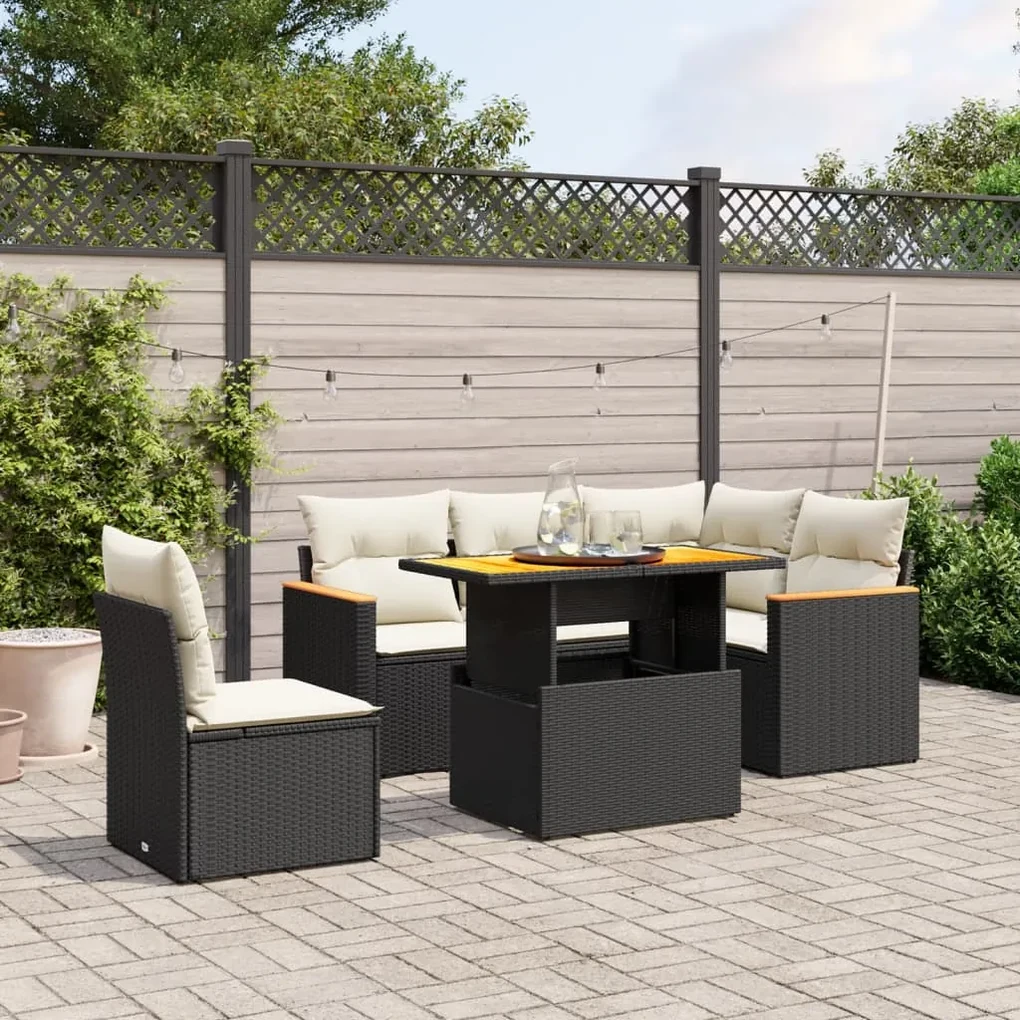 Set divano da giardino 6 pz con cuscini nero in polyrattan