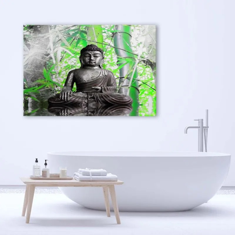 Quadro su tela, Buddha con foglie verdi  Dimensioni 100x70