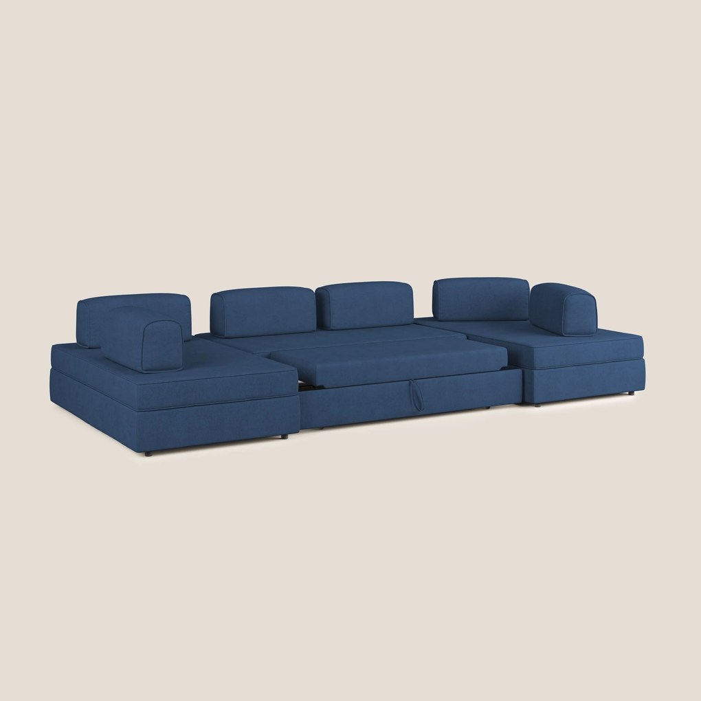 Liberty divano panoramico con pouf estraibile e schienali movibili in tessuto morbido impermeabile T02 blu