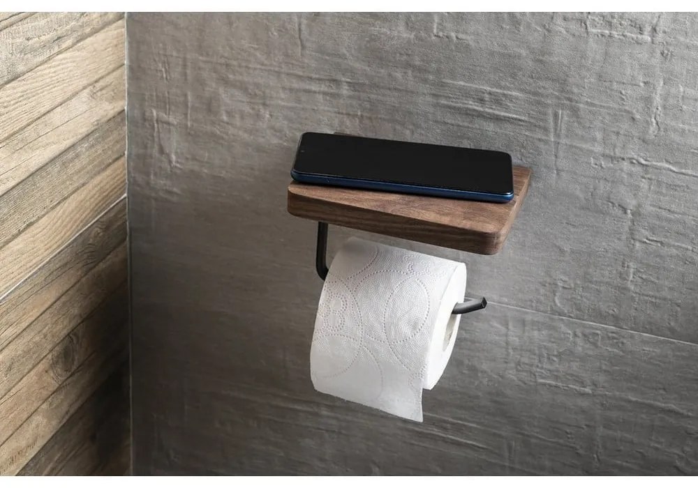 Porta carta igienica a parete in legno marrone con ripiano - Sapho