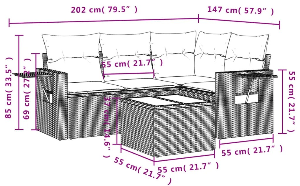 Set Divano da Giardino 5 pz con Cuscini Beige in Polyrattan