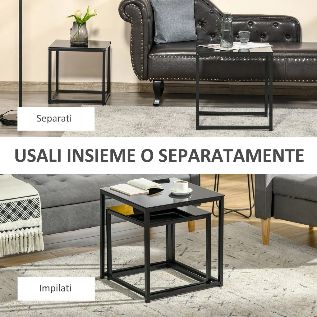 Set 2 Tavolini Moderni Piani in Vetro Temperato Nero...