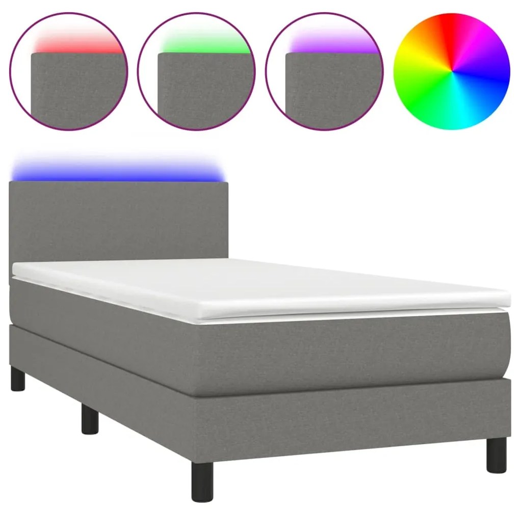 Letto a molle materasso e led grigio scuro 80x200 cm in tessuto