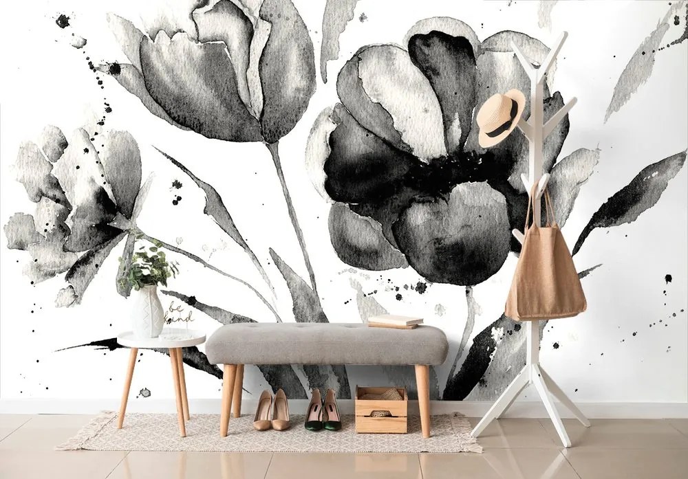 Carta da parati – Tulipani in Bianco e Nero in Stile Particolare