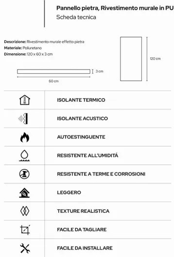 Pannello decorativo effetto roccia pietra 3D set 10 pz 7,2 mt2 rivestimento murale in PU 120 x 60 x 3 Tufo