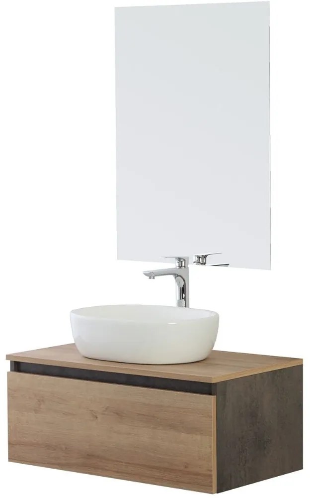 Mobile Bagno Sospeso con Lavabo da Appoggio e Specchio 1 Cassetto Salvaspazio in Legno  80 cm - Rovere di Bordeaux