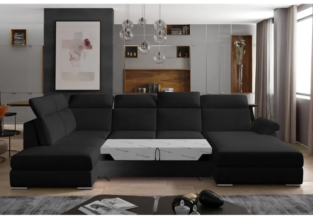 Divano angolare nero allungabile (con penisola a sinistra/a U) Evanell – ELTAP