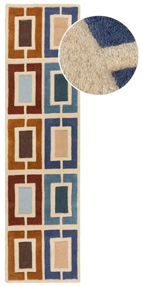 Passatoia in lana blu-arancio tessuta a mano 60x230 cm Retro Blocks - Flair Rugs