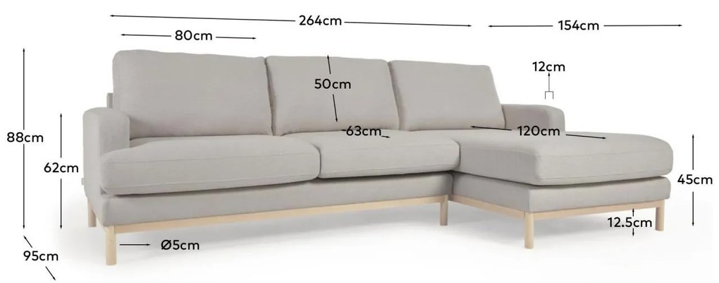 Kave Home - Divano Mihaela 3 posti con chaise longue destra in shearling grigio 264 cm