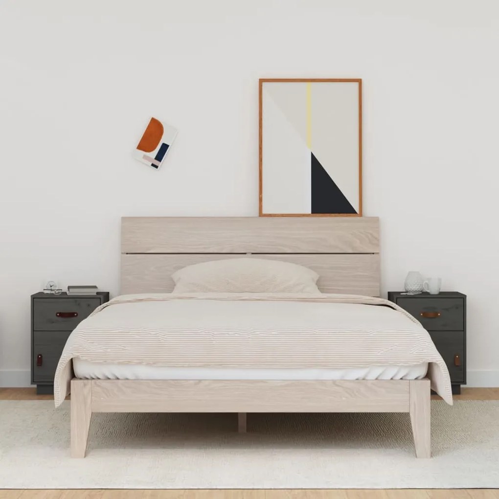 Comodini Grigi 2 Pz 40x34x55 Cm İn Legno Massello Di Pino /