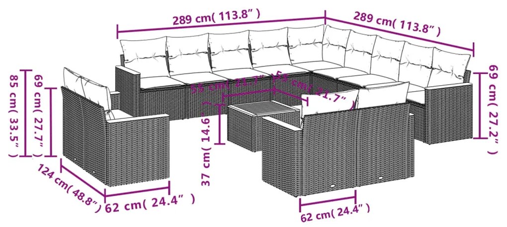 Set divani da giardino 14pz con cuscini in polyrattan nero