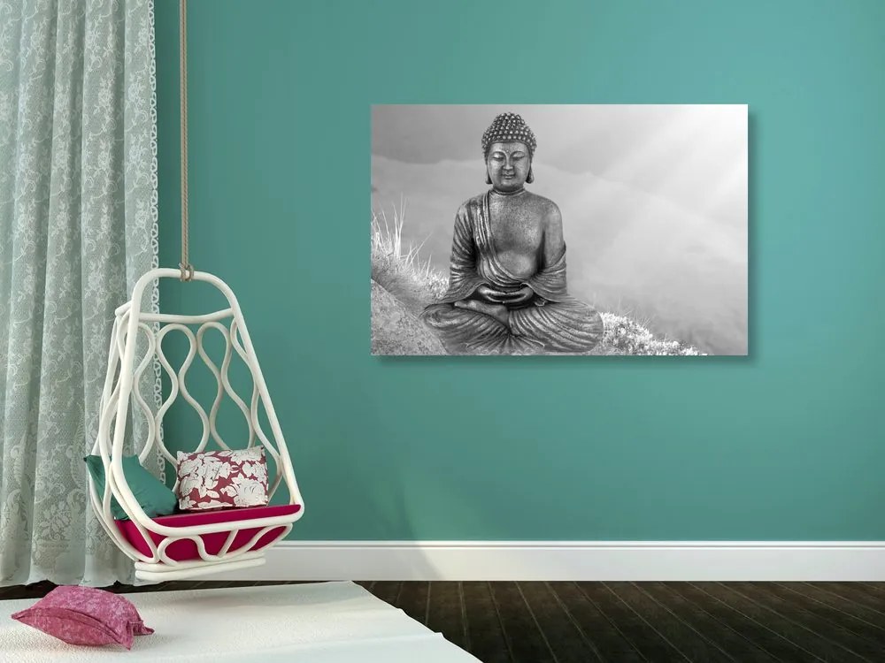 Stampa su tela – Statua del Buddha in posizione meditativa in bianco e nero