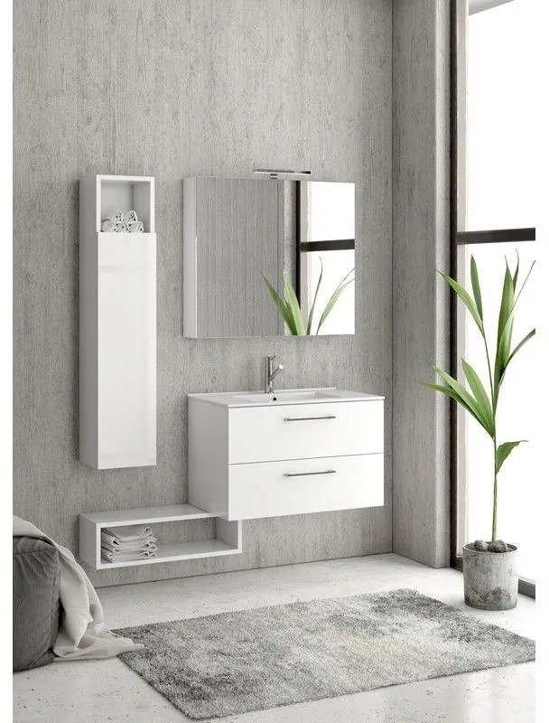 Kamalu - composizione bagno sospesa 80cm: mobile, specchio contenitore colonna e pensile el-80a