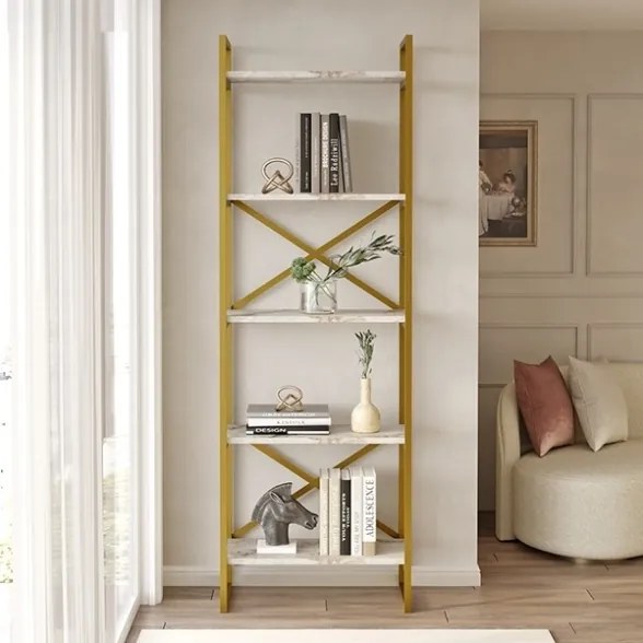 Libreria Oro 58x30x175 Cm 5 Ripiani Effetto Marmo Decus