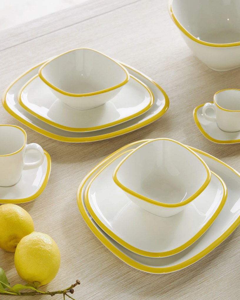Kave Home - Tazza da caffè Odalin con piattino in porcellana bianca e gialla