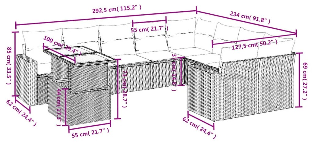 Set divano da giardino 10 pz con cuscini beige in polyrattan