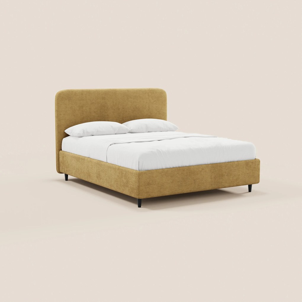 KAELOS letto minimal imbottito - vano contenitore, piedi alti e testiera arrotondata in tessuto ciniglia