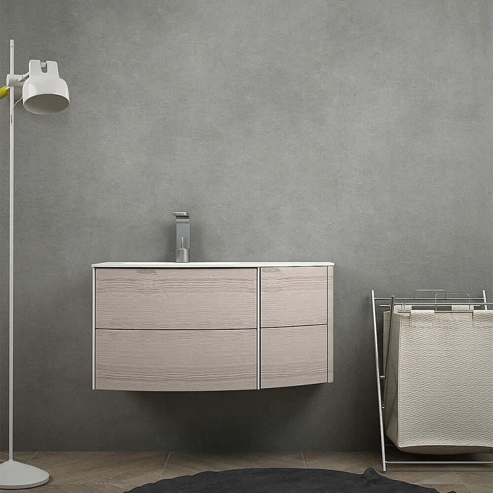 Mobile per bagno sospeso 60 cm Rovere sbiancato design curvo asimmetrico modello Rio con lavabo a sinistra