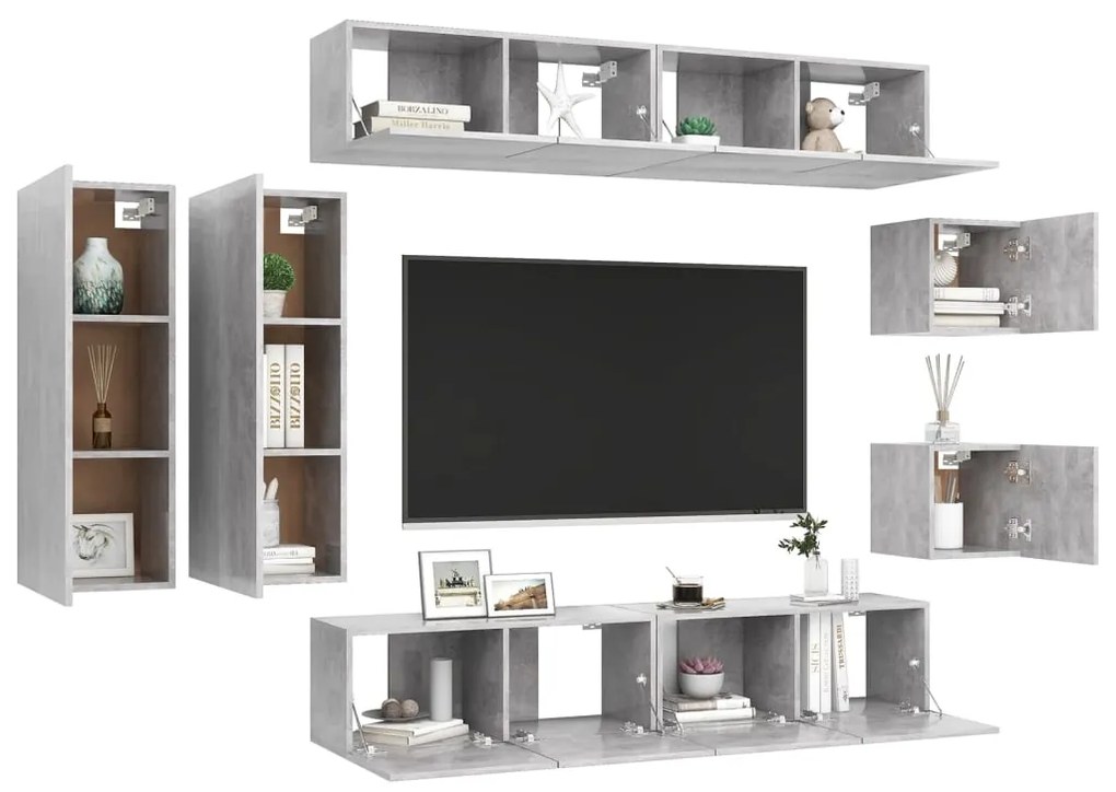 Set porta tv 8 pz grigio cemento in truciolato