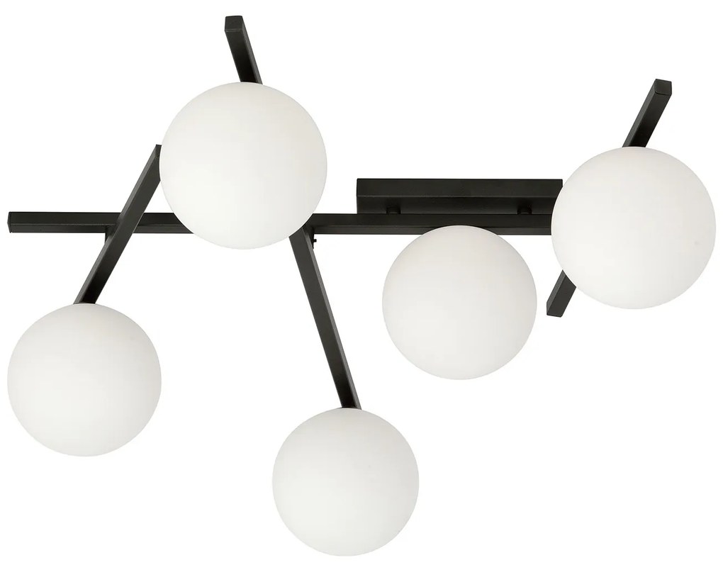 Plafoniera Moderna 5 Luci Teti In Acciaio Nero Bracci Regolabili E Vetro Opale