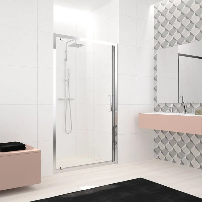 Porta doccia battente L 86-92 cm x H 200 cm per nicchia in vetro trasparente SP. 8 mm, profilo lucido cromo, serie Lead