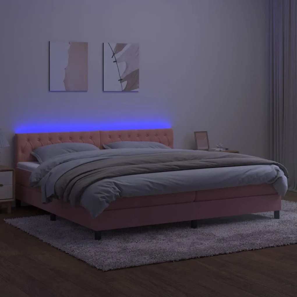 Letto a molle con materasso e led rosa 200x200 cm in velluto