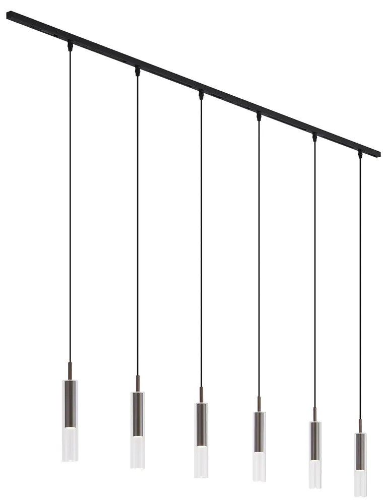 Sistema di illuminazione a binario moderno nero con 6 lampade a sospensione bronzo scuro monofase - Slimline Loyce