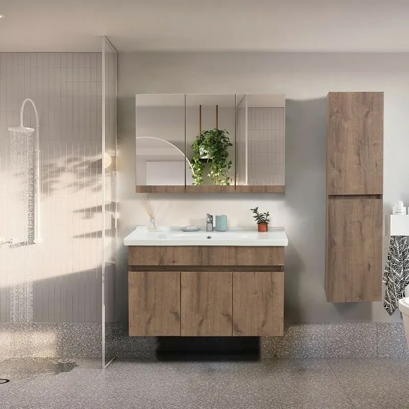 Mobile bagno sospeso 100 cm rovere scuro con specchio contenitore Mona