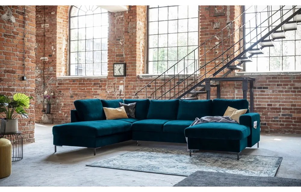 Divano letto angolare in velluto color petrolio (angolo sinistro) Lofty Lilly - Miuform