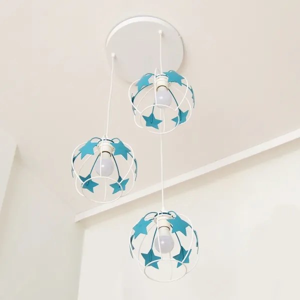 Lampadario a sospensione per bambini STARS 3xE27/15W/230V turchese/bianco