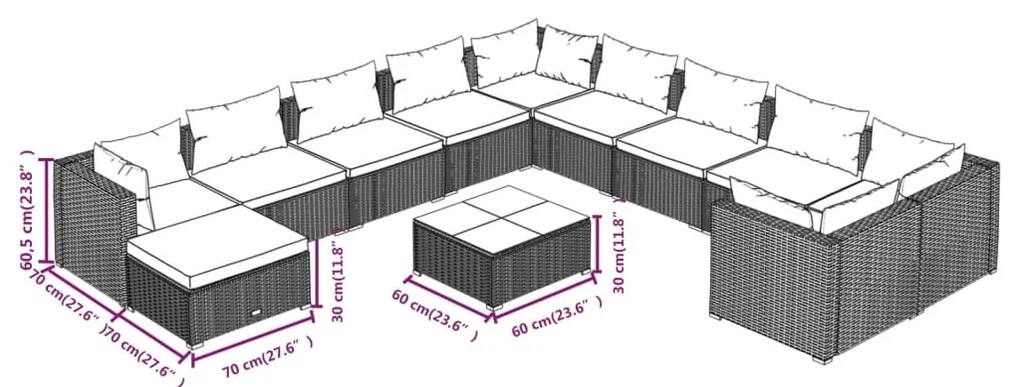 Set Divani da Giardino 12 pz con Cuscini in Polyrattan Grigio