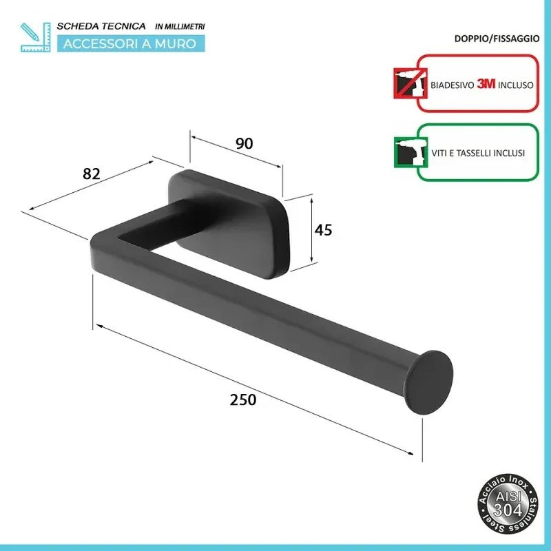 Set 4pz con appendino, porta rotolo e 2 porta salviette a muro in acciaio nero Cubik