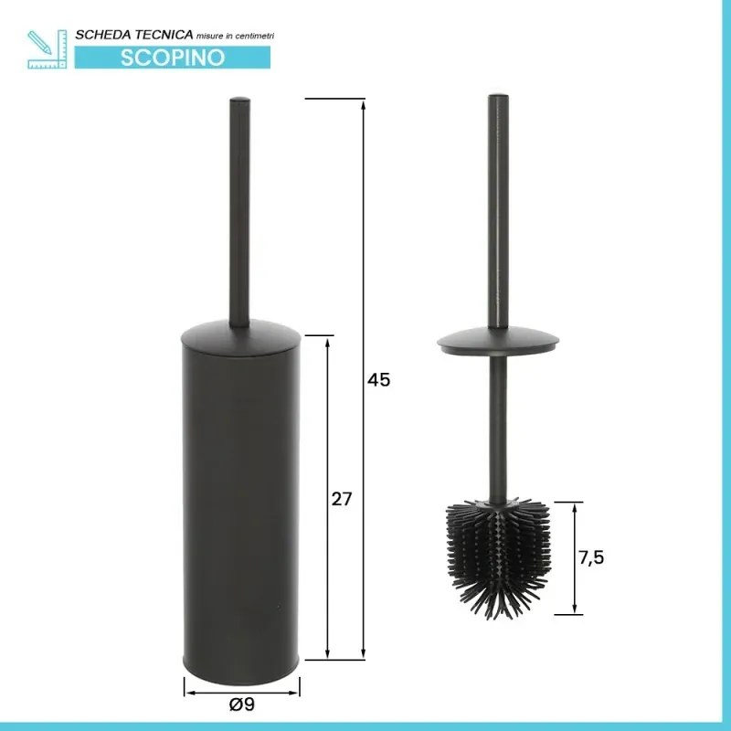 Portascopino grigio opaco con setole nere in silicone e secchio interno