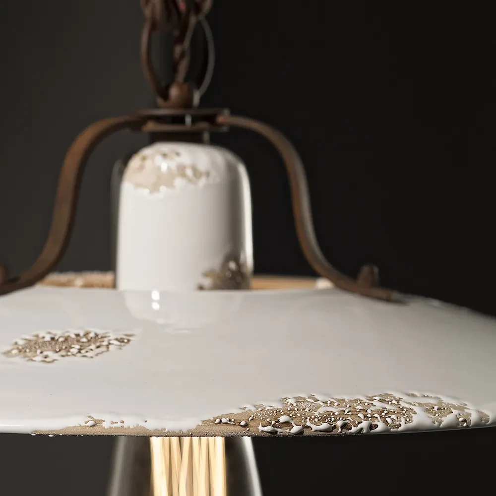 Lampadario Vintage Country Ferro E Ceramica Bianco 1 Luce E27 30Cm