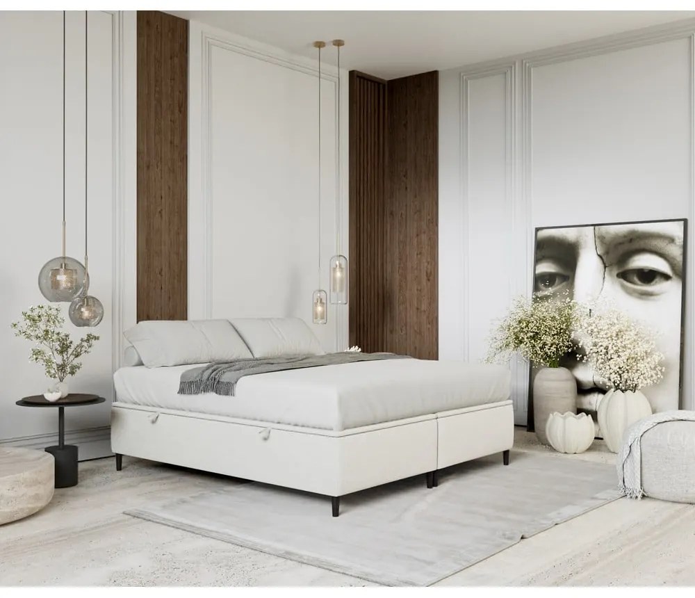 Letto matrimoniale imbottito crema con contenitore 200x200 cm Tate - Maison de Rêve