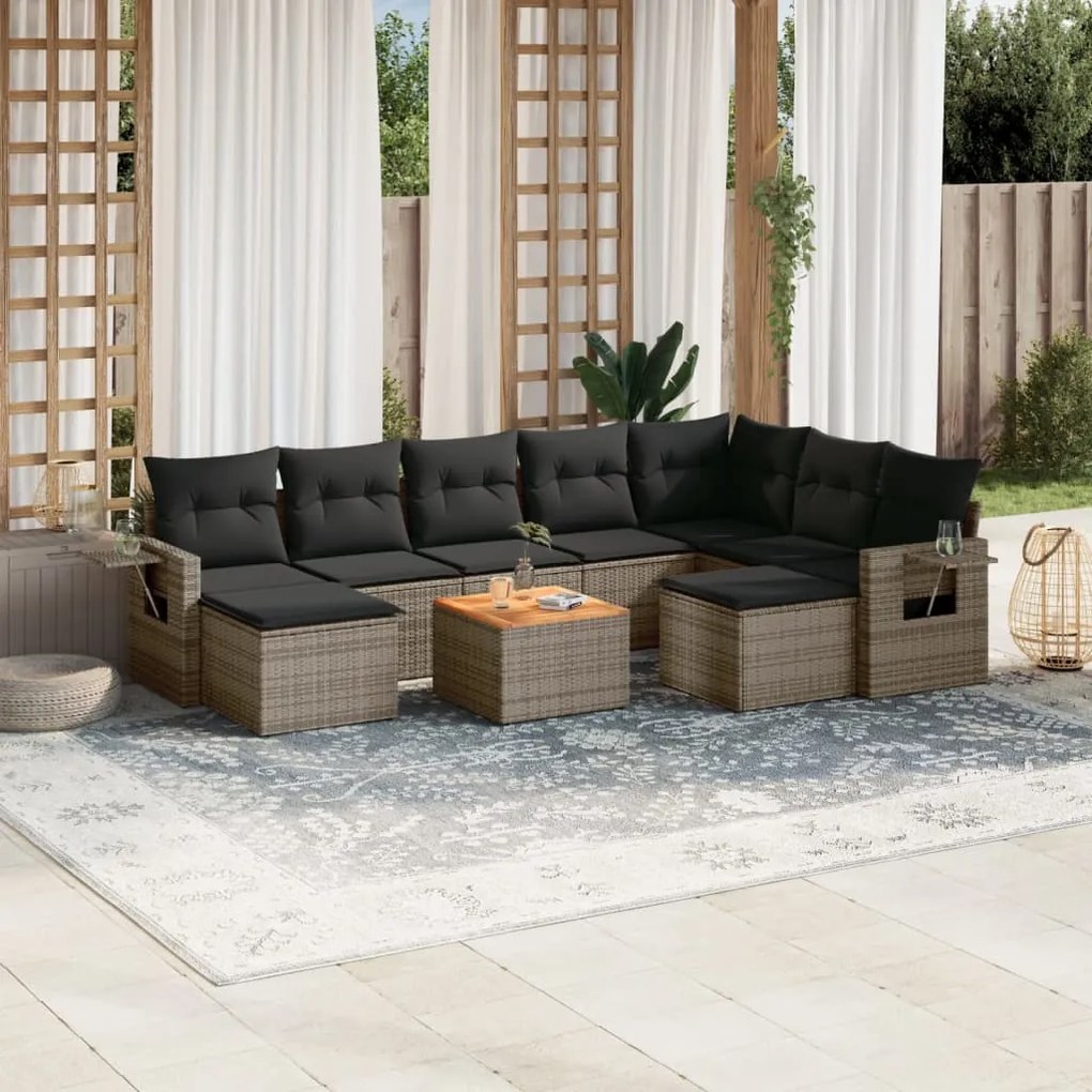 Set Divano da Giardino 10 pz con Cuscini Grigio in Polyrattan