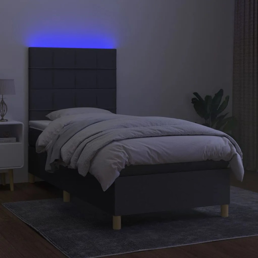 Letto a molle materasso e led grigio scuro 100x200cm in tessuto